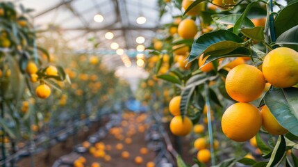 Poster - Ripe oranges hang from citrus trees inside a greenhouse, softly illuminated by string lights, creating a warm atmosphere.