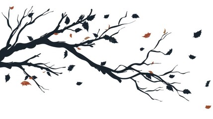 Wall Mural - silhouetted tree branch with falling leaves on white background