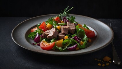 Wall Mural - Warm veal salad on a plate, dark background with space for text