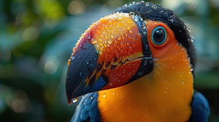 Wall Mural -   Close-up photo of a vibrant bird with water droplets on its face and a background tree