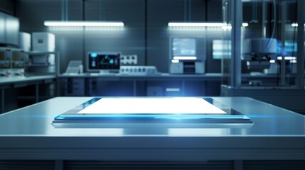 Wall Mural - modern laboratory with empty display. a cutting-edge laboratory setting featuring an empty, luminous