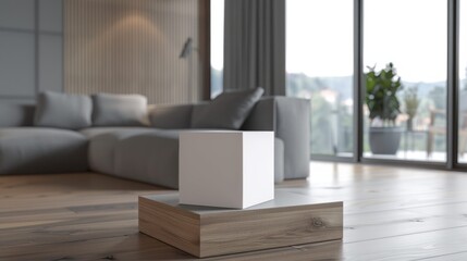 Blank package on wood podium in modern living room. A pristine white cube sits atop a wooden platform in a contemporary living room, ideal for showcasing product packaging or branding designs.