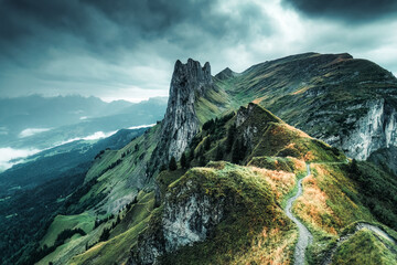 Wall Mural - Landscape of rocky mountain ridge of Saxer Lucke in Swiss Alps at Appenzell, Switzerland