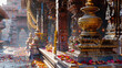 © Graphic Dude - Hindu temple interior with offerings and religious decorations India Hinduism belief religion colorful culture ancient traditional spirituality offering flowers diya lamp