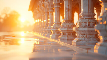 Golden hour at marble temple pillars with ornate carvings religion spirituality travel hinduism architecture faith belief god culture tradition historic ancient peaceful serene calm harmony detail