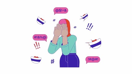 Poster - Bullying of muslim hijab line 2D animation. Headscarf arabic woman covering eyes in pain 4K video motion graphic. Islamophobia verbal abuse linear animated cartoon flat concept, white background