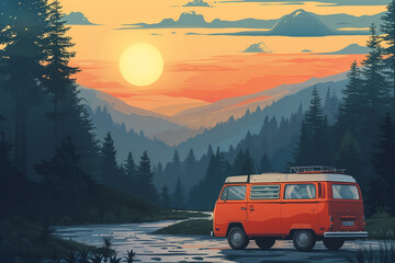camping design illustration, vintage style, digital art, poster cartoon