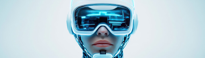 Futuristic portrait of a humanoid robot wearing advanced virtual reality goggles with a sleek design and vibrant blue accents.