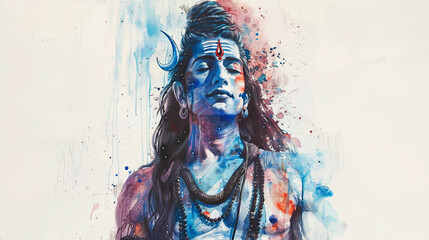 Wall Mural - Watercolor painting of lord shiva hindu god spiritual artwork with blue color splash illustration religion faith mythology india meditation culture tradition spirituality