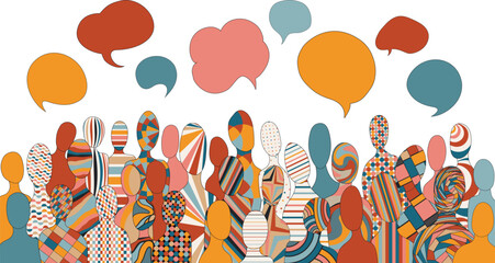 Sticker - Communication across diverse cultures -  Multicultural dialogue represented by abstract geometric silhouette and speech bubbles of multiethnic individuals. Diversity equality inclusion