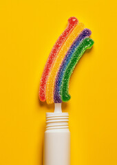 Wall Mural - A toothpaste tube spewing out rainbow gummy candies instead of toothpaste against a bright yellow background.Minimal creative food concept.Trendy social mockup or wallpaper with copy space 