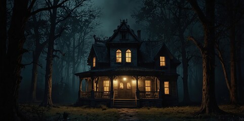 Wall Mural - .Horror halloween haunted house in creepy night forest