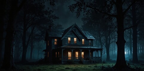 .Horror halloween haunted house in creepy night forest