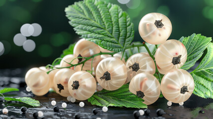 Wall Mural -   A close-up of a table with various berries arranged in focus Leaves can be seen beyond the edge of the frame