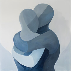 abstract painting of two blue silhouettes holding each other.