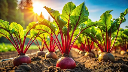 Wall Mural - Beetroots growing in rich soil under bright sunlight , agriculture, farm, organic, vegetable, growth, fresh, vibrant, leaves, red