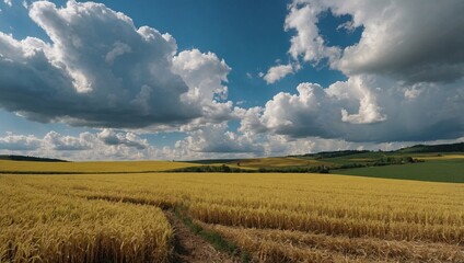 Wall Mural - Yellow and blue farmland with crops, summer day, white clouds over rural hills