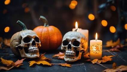 Wall Mural - A Halloween flatlay featuring pumpkins, skulls, candles, and fall leaves halloween