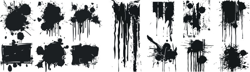 Poster - Isolated modern icons set with splatter textured spray paint backgrounds. Abstract sprayed paint splatter street art. Graffiti stamp and textured dripbrush.