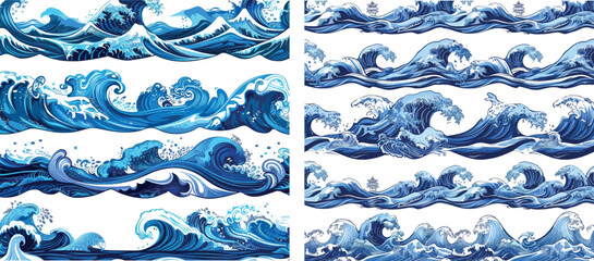 Set of seamless ocean waves. Sea surf, decorative surfing wave and water pattern hand drawn in modern style