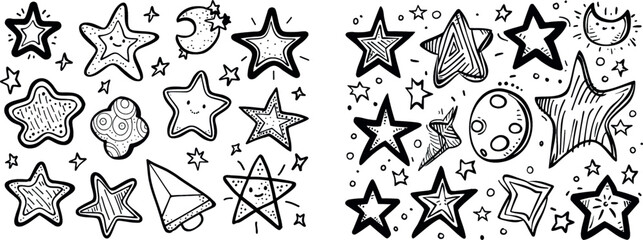 Aufkleber - Doodle stars with starbursts and rating stars. Shiny ink stars sketch, drawing starry doodle reward sticker. Isolated modern icons.