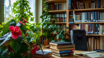 Poster - A serene library corner filled with colorful plants and neatly organized books, illuminated by soft natural light filtering through the window.