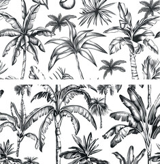 Wall Mural - Hand drawn tropical background, tropical jungle leaves, tropical palm tree botanical illustration. Seamless tropical background with tropical palms.