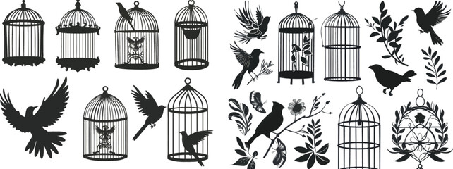 Illustrated bird cage silhouettes. Illustration bird cage design..