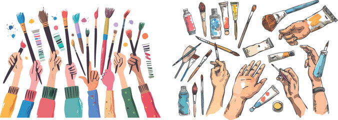 Poster - Painting concept with artist fingers holding a paint tube and brush, palm holding pencil and pen. Modern flat set.