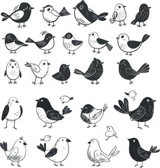 Aufkleber - Cute black bird character silhouettes with white wings for kids design. Modern isolated set of black birds.