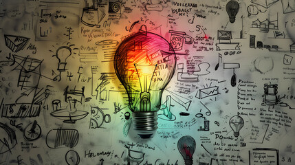 Wall Mural - Idea generation. Multi-colored illustrated light bulb against background of notes on wall. The light in the bulb indicates the emergence of ideas.