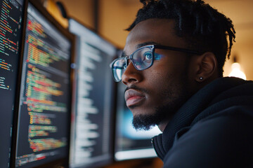 Wall Mural - Photograph of a Software Engineer Testing Code: An engineer debugging software with multiple monitors.