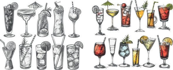 Aufkleber - A sketch cocktail. Pina colada, americano and vodka, cherry cocktail and margarita, sangria illustration for a modern set of drinks. Alcohol cocktail and drink margarita illustration.