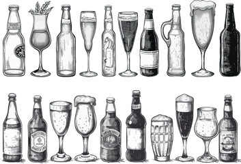 Poster - Vintage hand drawn modern set with beer glasses, mugs and bottles. Beer glass engraving, drink sketch with froth illustration.