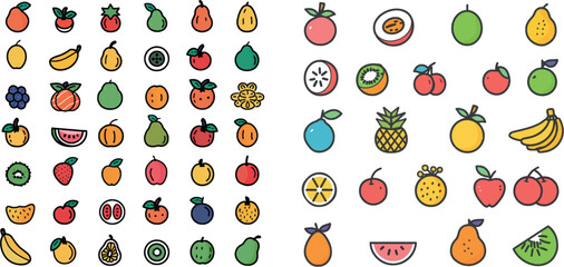 Poster - Drawing fruits apple, orange, citrus, banana, kiwi, cherries and berries. Color illustrations of apples, bananas, pineapples and oranges.