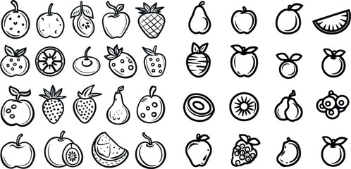 Poster - An organic food sketch modern set of tropical and garden summer fruits with vitamins made from hand-drawn outline berries. Food design outline berries apricot, banana and pear, cherry. Apple,.