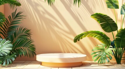 Fashion show stage podium with tropical palm leaves and Monstera plant. Empty scene for product show and mock up. Summer time background