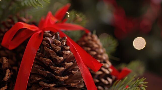 Festive pine cones with red ribbons Anticipating sending New Year greetings to loved ones