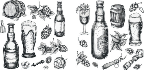 Poster - A hand drawn beer. Sketched glasses, mugs, barrels and bottles. Hops, malt and barley, objects for a modern pub menu set. Craft beer, isolated elements.