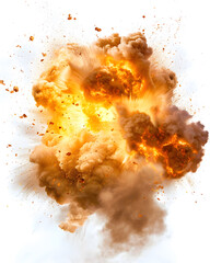 Massive fiery explosion accompanied by billowing smoke and intense heat isolated on white background