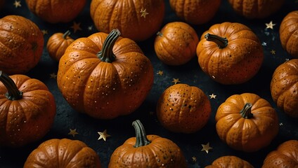 Wall Mural - A pattern of pumpkins and stars on a black background