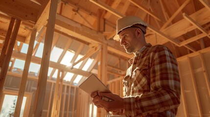 Man in hard hat and plaid shirt inspects digital tablet inside partially constructed house. Wooden frames and sunlight filtering through, indicating ongoing construction.