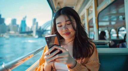 Wall Mural - A young woman smiles while using her smartphone on a ferry with Sydney landmarks in the background. Sunny weather enhances the scene's brightness.