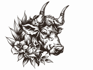 Wall Mural - A cow with horns and flowers on its head. The cow is drawn in black and white