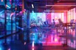 © viktorbond - Modern color neon cyberpunk open space office interior with information technology frame overlay
