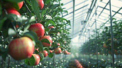 Poster - Red apples grow on trees inside a glass greenhouse, with sunlight illuminating the vibrant foliage.
