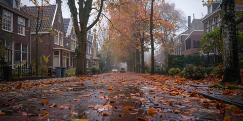 Rainy autumn day in the city. Cloudy sky with rain.