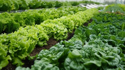 Poster - Rows of vibrant green lettuce and spinach thrive in a well-maintained greenhouse under natural light.