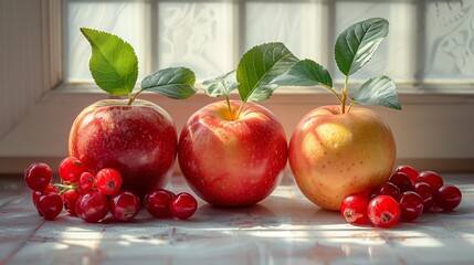 Poster - fresh red apples and juicy red berries arranged on a sunlit table