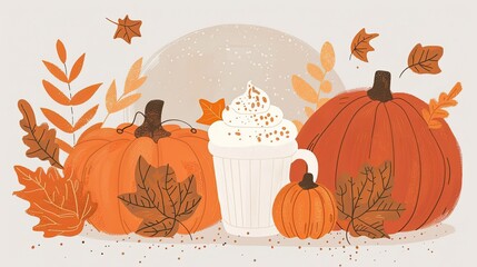 Wall Mural - a pumpkin cappuccino with whipped cream and autumn leaves